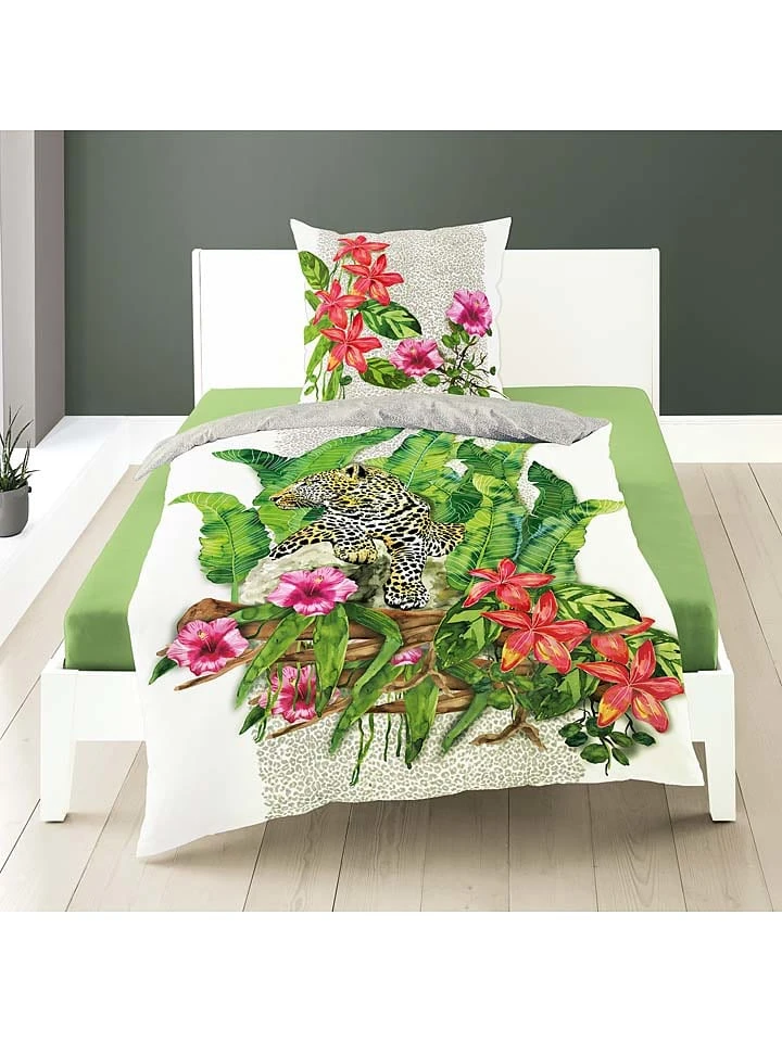 Bierbaum Satin-Bettwäsche-Set In Weiß/ Grün/ Bunt