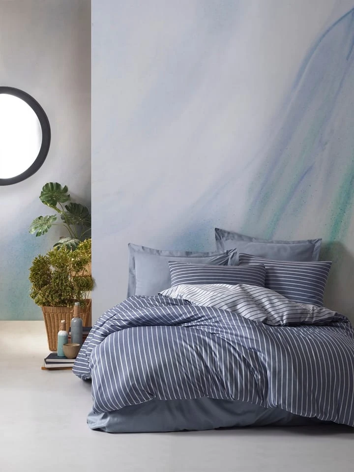 Elizabed Satin-Bettwäsche-Set "Bamboo" In Blau