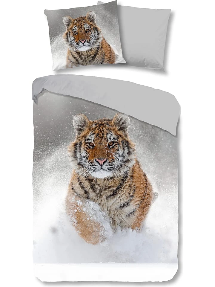 GOOD MORNING Flanell-Bettwäsche-Set "Snow Tiger" In Grau