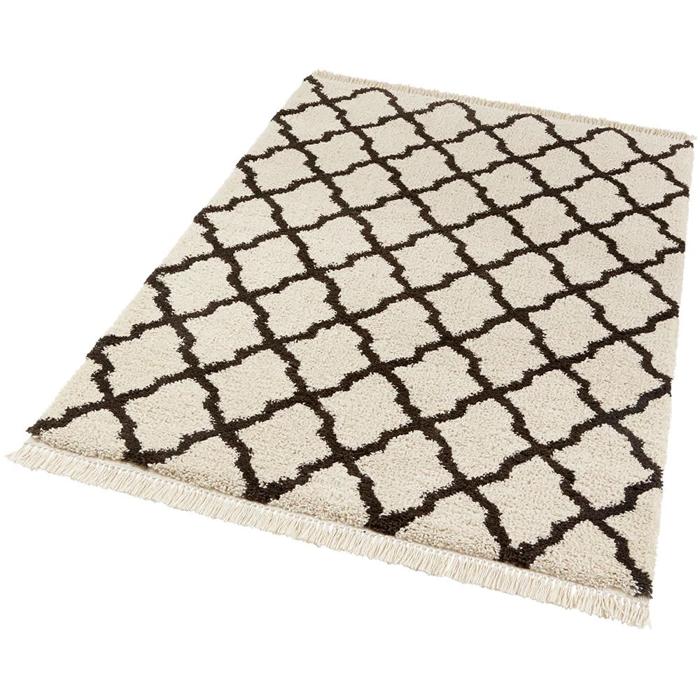 Mint Rugs Hochflor Teppich Fransen Pearl Creme Schwarz