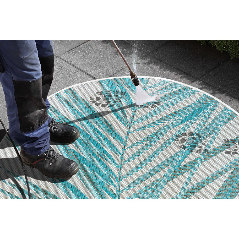 Northrugs In- & Outdoor Teppich Palm Türkis Creme Blau, 160 Cm Rund – Bild 4