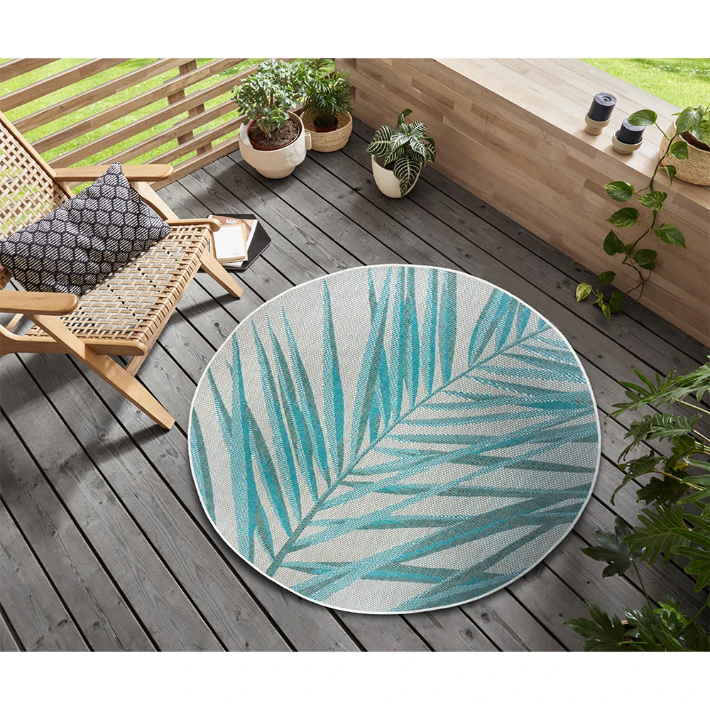 Northrugs In- & Outdoor Teppich Palm Türkis Creme Blau, 160 Cm Rund – Bild 5