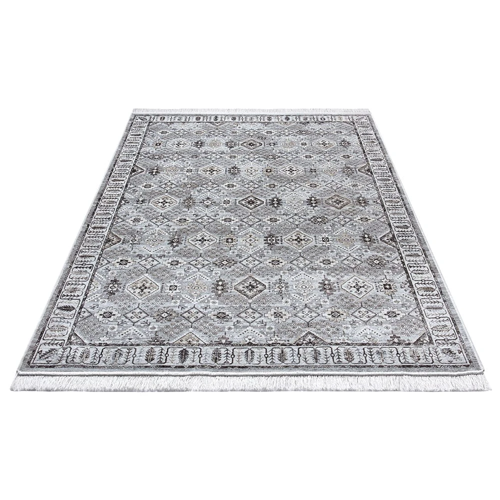 Nouristan Orientalischer Samt-Teppich Fransen Hamadan Saira Grau Mehrfarbig – Bild 2