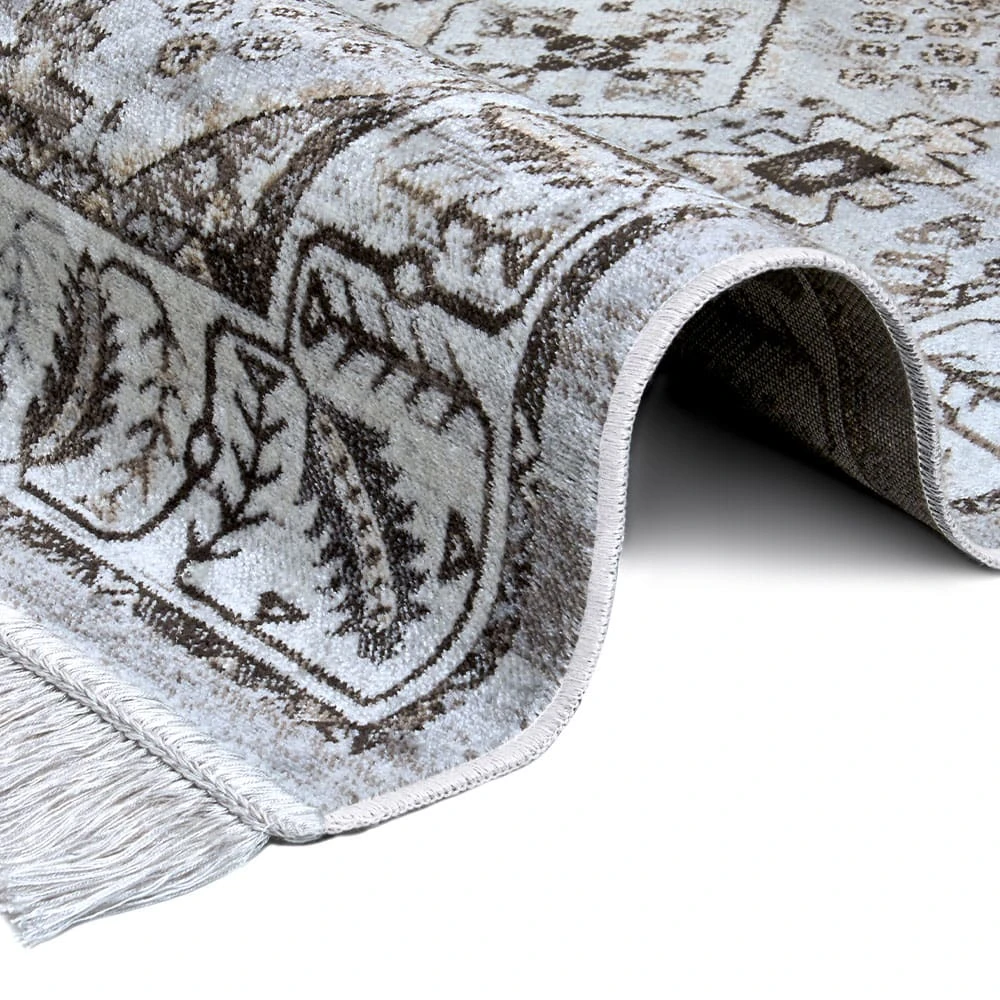 Nouristan Orientalischer Samt-Teppich Fransen Hamadan Saira Grau Mehrfarbig – Bild 3