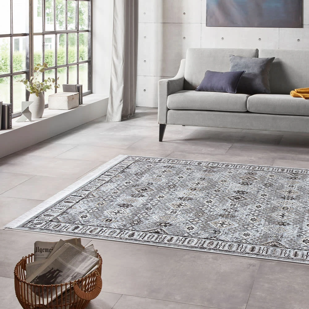 Nouristan Orientalischer Samt-Teppich Fransen Hamadan Saira Grau Mehrfarbig – Bild 4