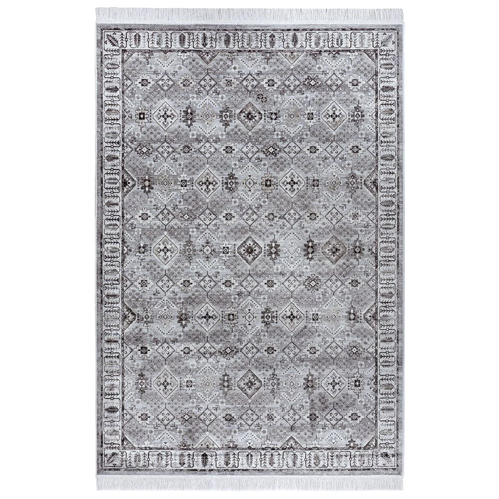 Nouristan Orientalischer Samt-Teppich Fransen Hamadan Saira Grau Mehrfarbig