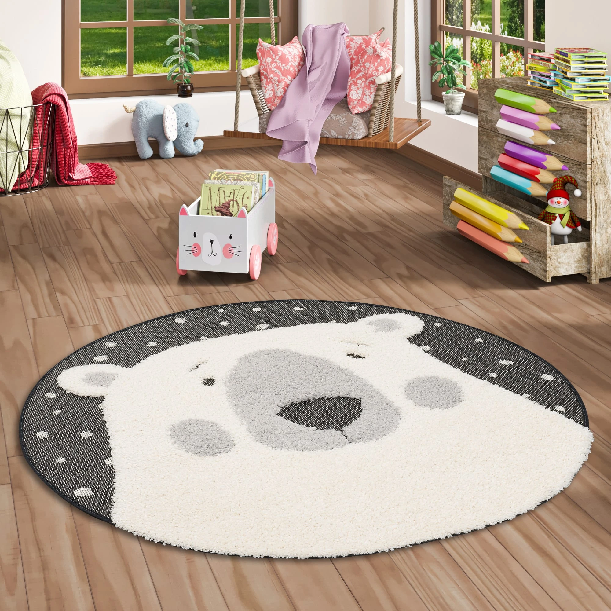 Pergamon Hochflor Kinder Teppich Richie Eisbär Rund In Grau Weiss – Bild 5