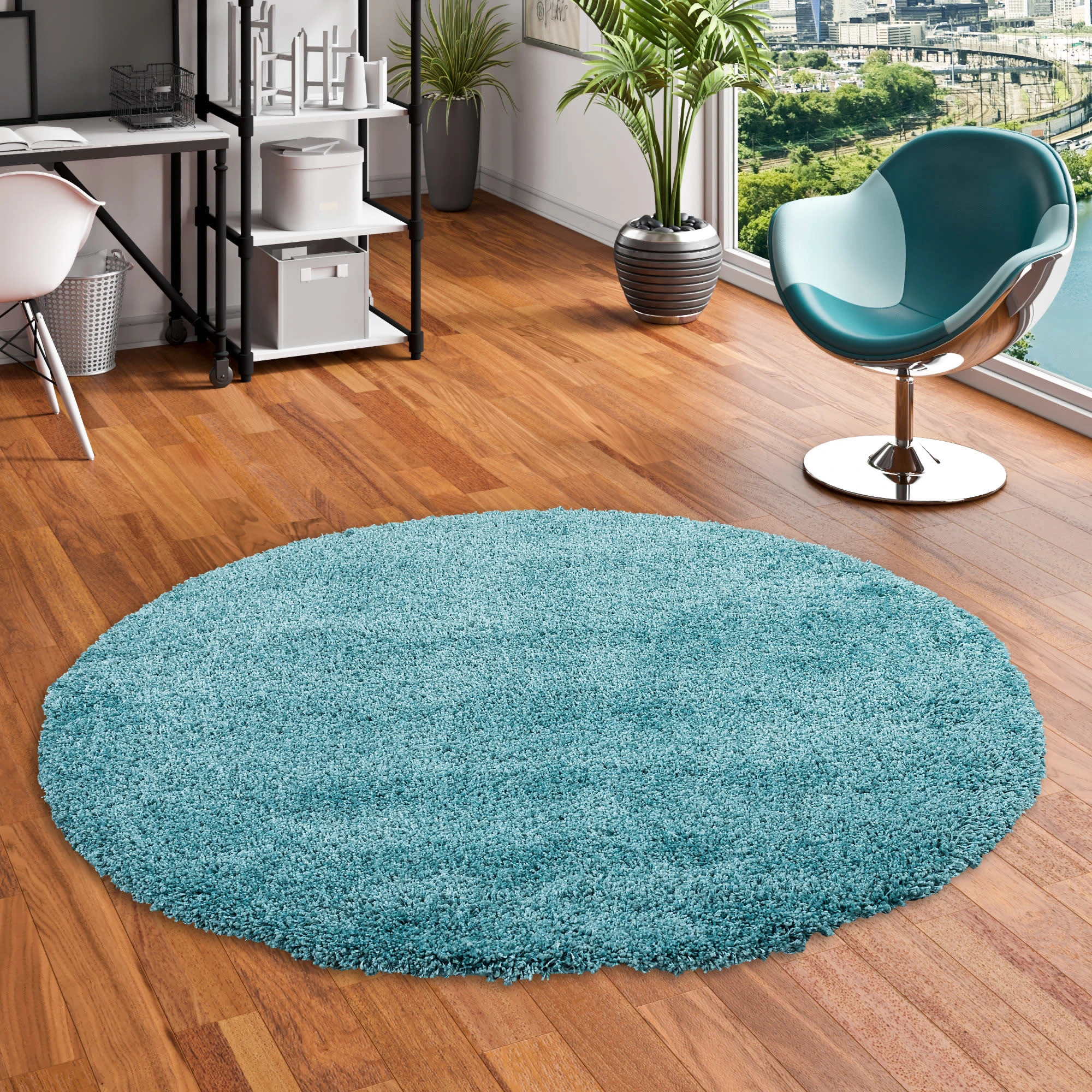 Pergamon Hochflor Langflor Shaggy Teppich Luxury Rund In Türkis – Bild 5