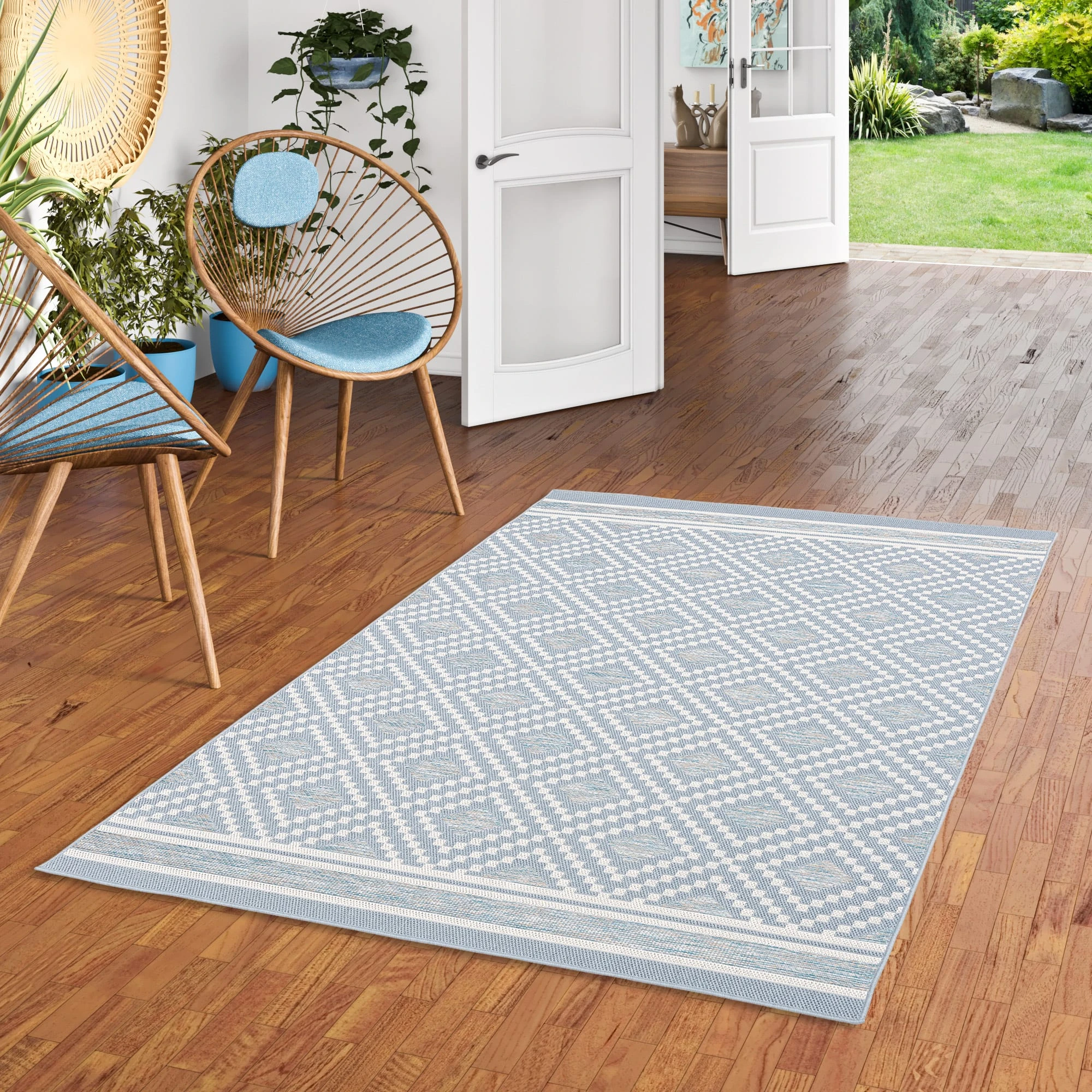 Pergamon In & Outdoor Teppich Flachgewebe Ottawa Rauten In Blau – Bild 5