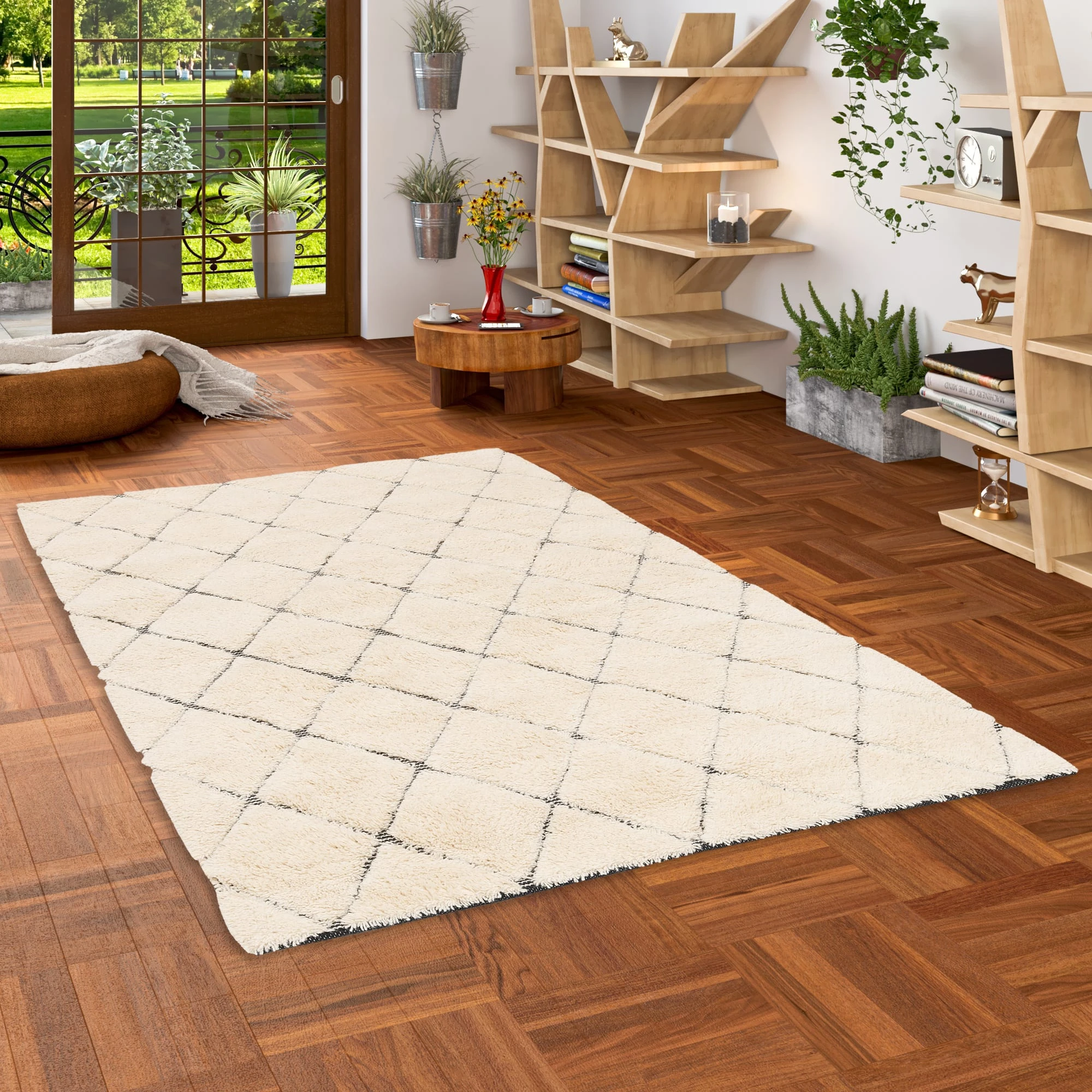 Pergamon Natur Teppich Shaggy Wolle Linea Rauten In Wollweiss – Bild 5