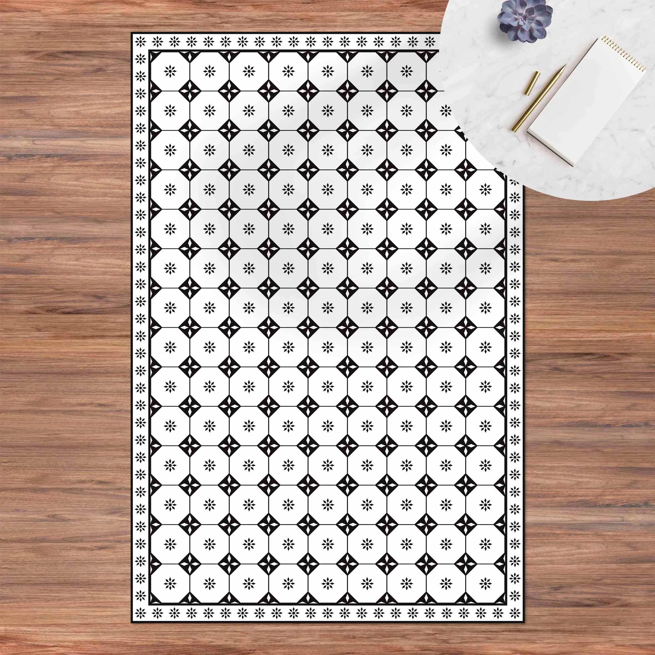WallArt Vinyl-Teppich - Geometrische Fliesen Landhaus Mit Bordüre In Schwarz-Weiß – Bild 3
