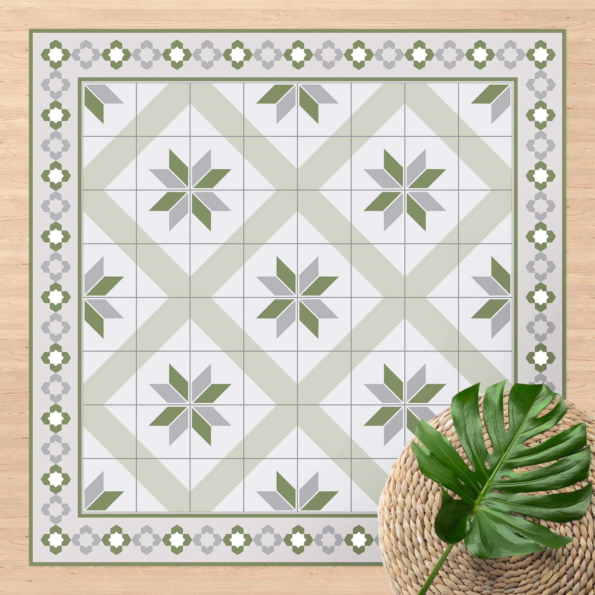 WallArt Vinyl-Teppich - Geometrische Fliesen Rautenblüte Mit Bordüre In Grün – Bild 3