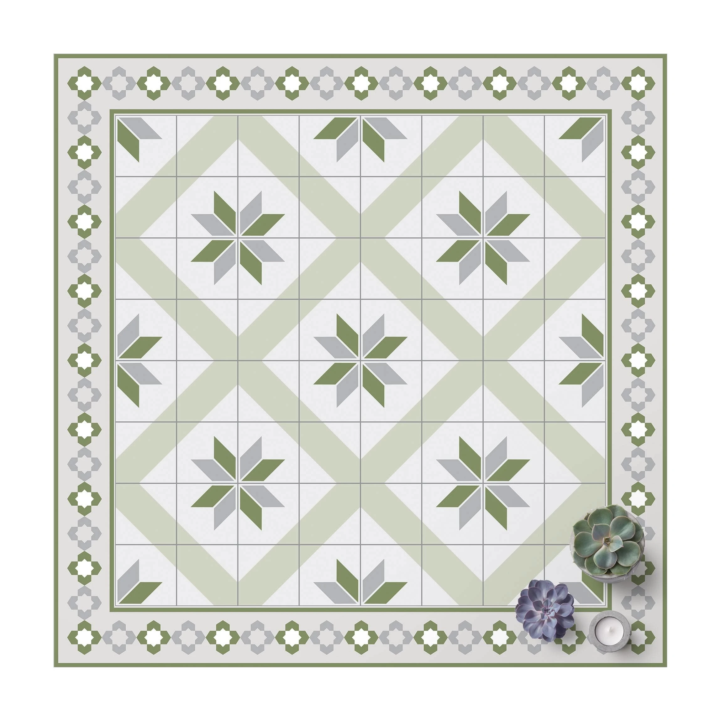 WallArt Vinyl-Teppich - Geometrische Fliesen Rautenblüte Mit Bordüre In Grün