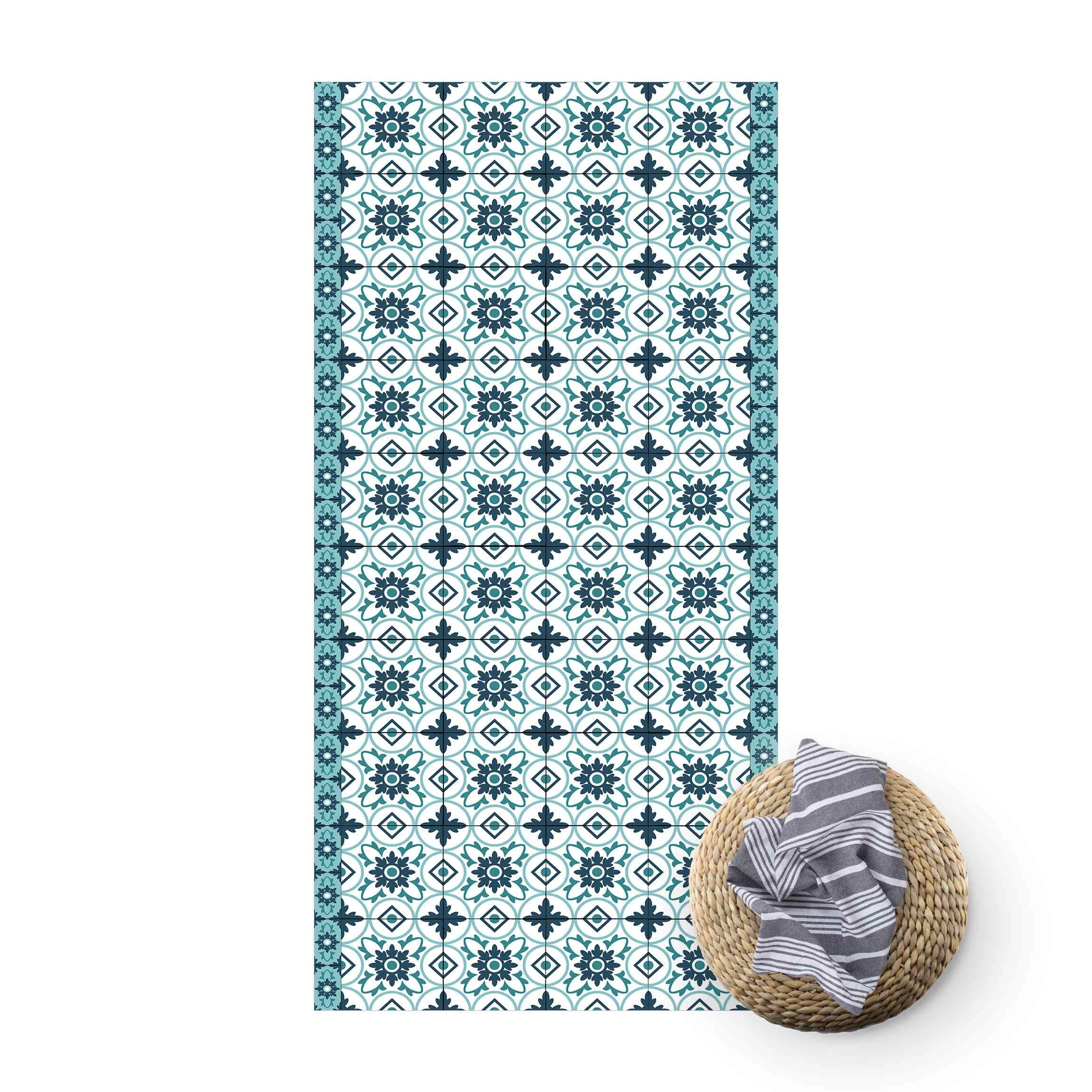 WallArt Vinyl-Teppich - Geometrischer Fliesenmix Blume Türkis In Türkis